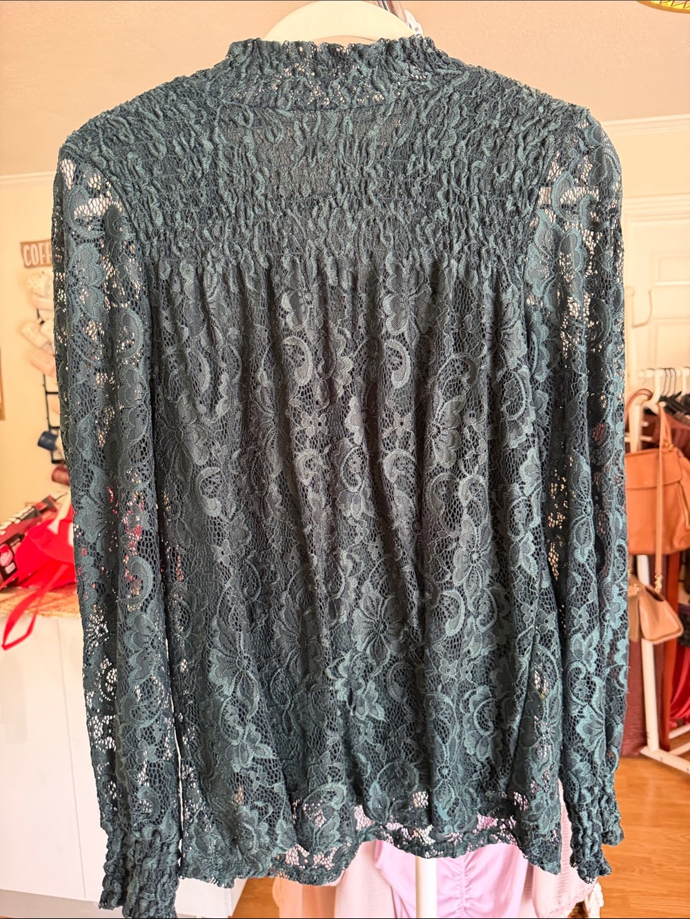 Cable & Gauge Dark Teal Lace Smocked Yoke Long Sleeve Blouse